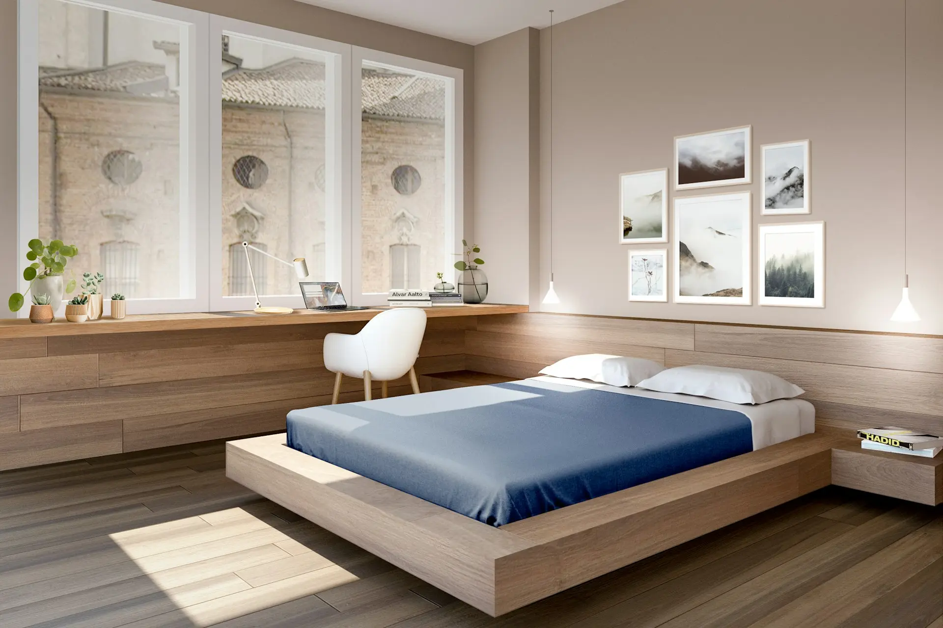 a bed room with a neatly made bed and a desk
